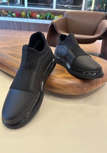1067 Siyah Cilt Streçli Hakiki Deri Erkek Sneakers