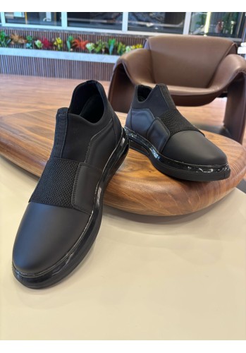 1067 Siyah Cilt Streçli Hakiki Deri Erkek Sneakers