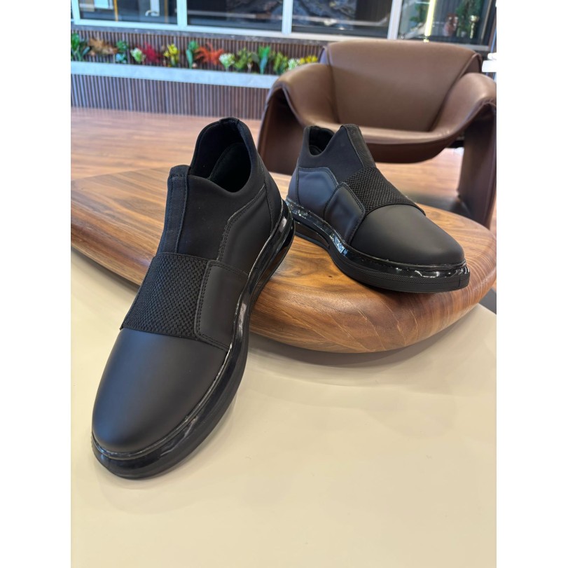 1067 Siyah Cilt Streçli Hakiki Deri Erkek Sneakers