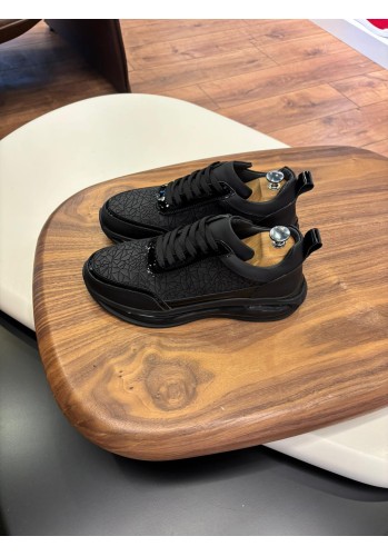 1074 Siyah Cam Kırığı Hakiki Deri Erkek Sneakers