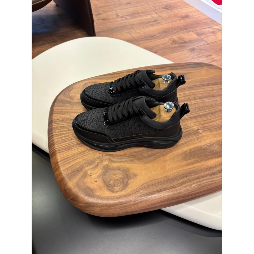 1074 Siyah Cam Kırığı Hakiki Deri Erkek Sneakers