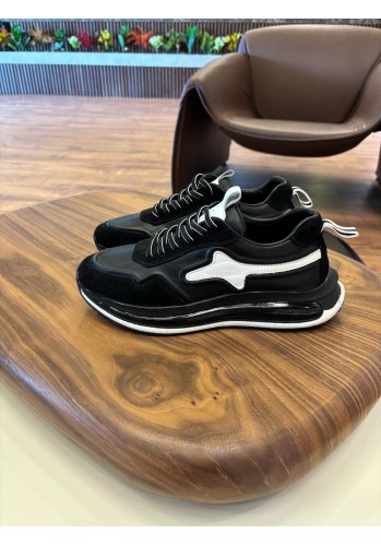 1107 Siyah Beyaz Detaylı Hakiki Deri Erkek Sneakers