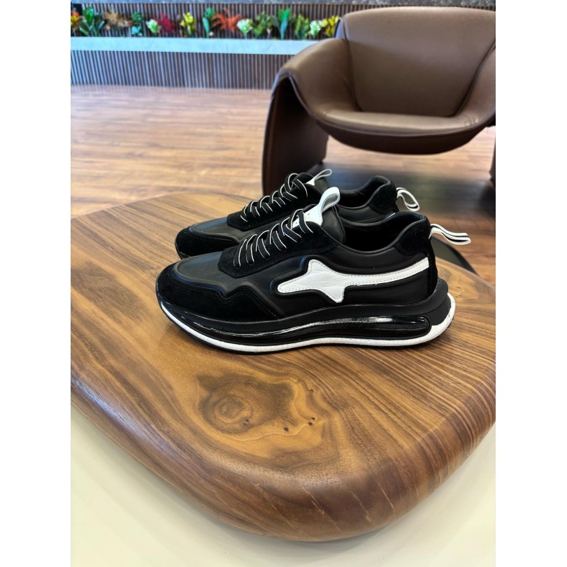 1107 Siyah Beyaz Detaylı Hakiki Deri Erkek Sneakers
