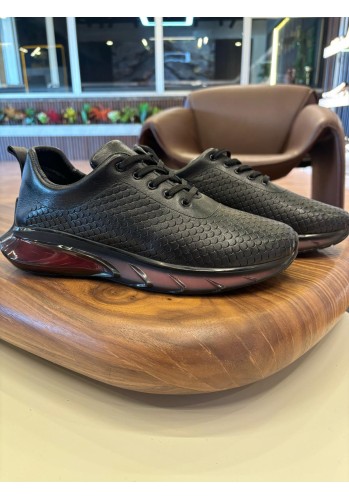 4236 Siyah Cilt Kırmızı Taban Hakiki Deri Erkek Sneakers