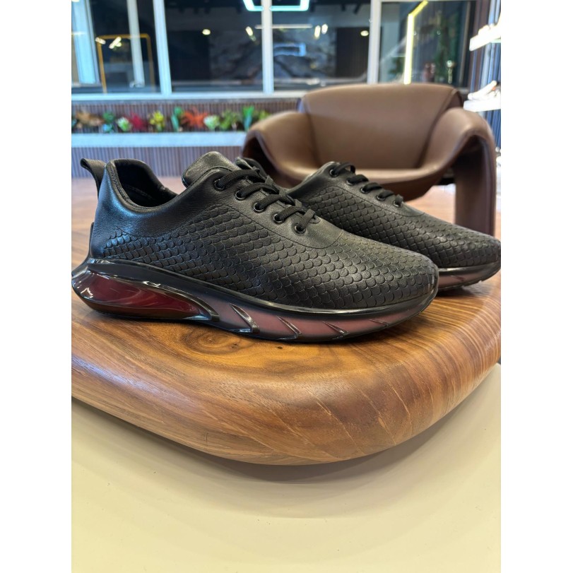 4236 Siyah Cilt Kırmızı Taban Hakiki Deri Erkek Sneakers