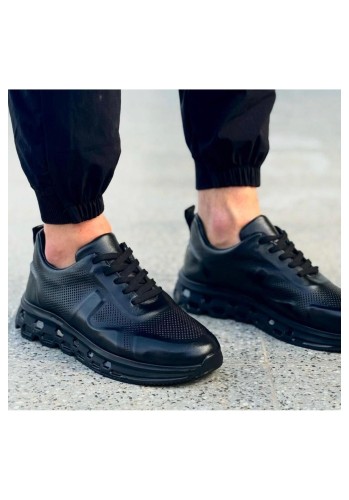 1012 Piramit Siyah Cilt Hakiki Deri Erkek Sneakers