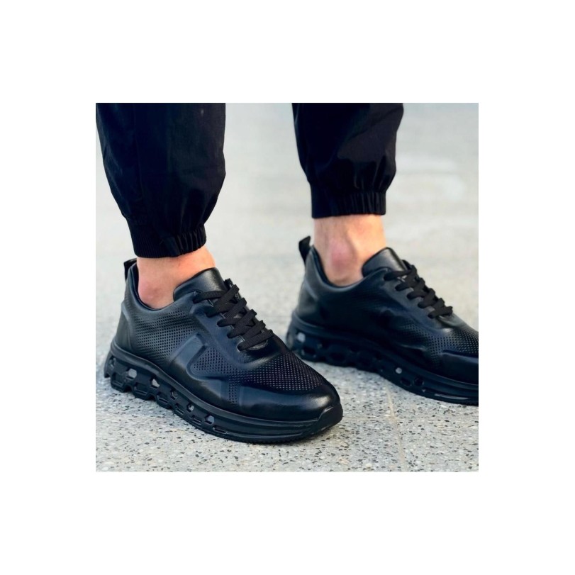 1012 Piramit Siyah Cilt Hakiki Deri Erkek Sneakers