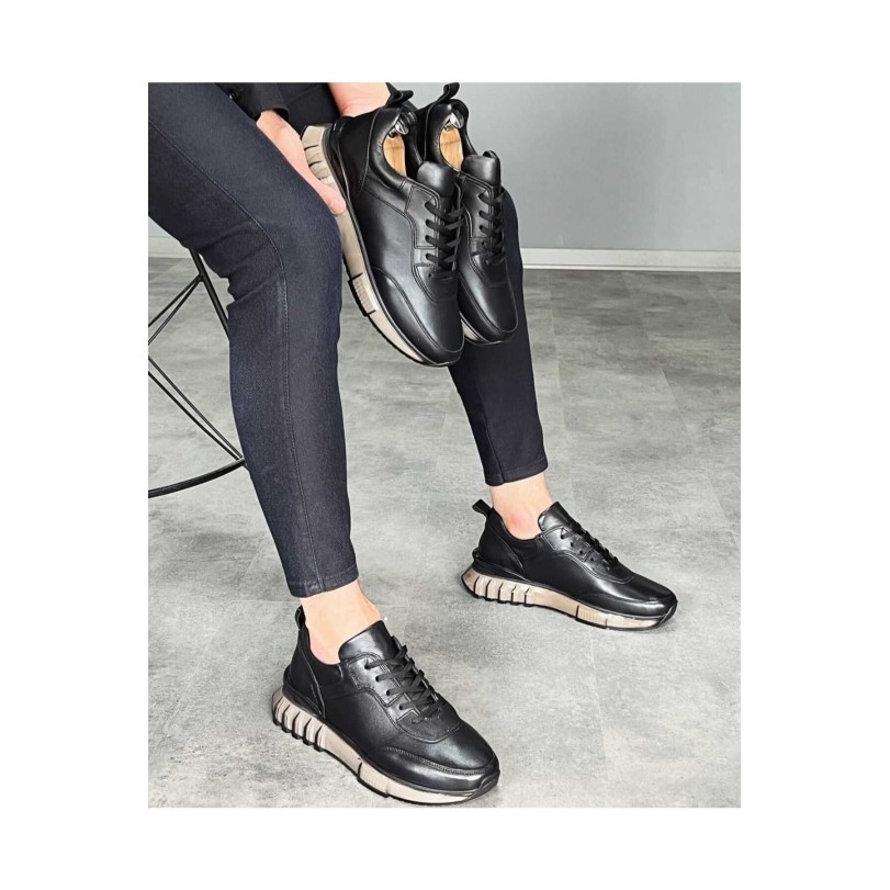 1029 Siyah Cilt Hakiki Deri Erkek Sneakers