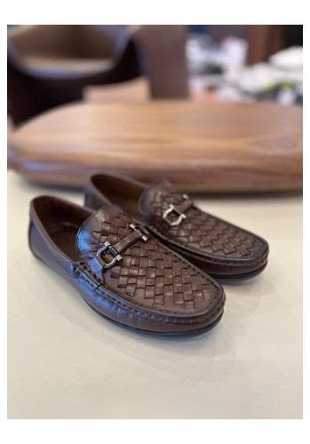 1052 Kahve Örme Deri Hakiki Deri Erkek Klasik