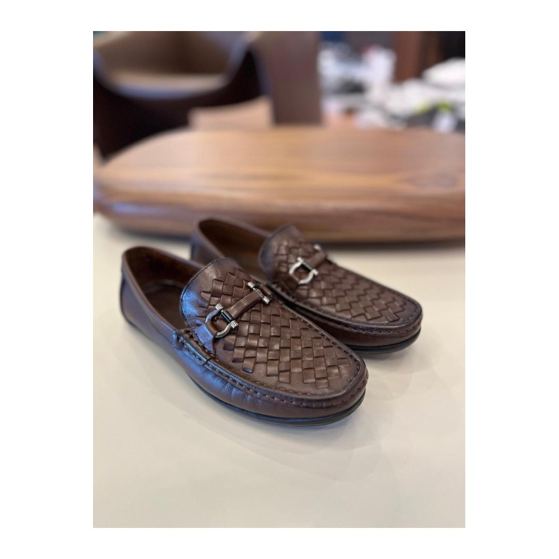 1052 Kahve Örme Deri Hakiki Deri Erkek Klasik