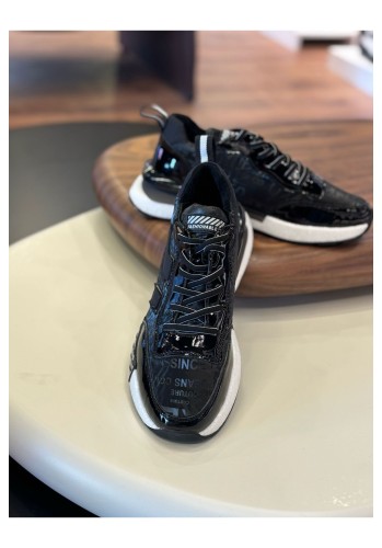 1091 Yazılı Paraşüt Siyah Hakiki Deri Erkek Sneakers