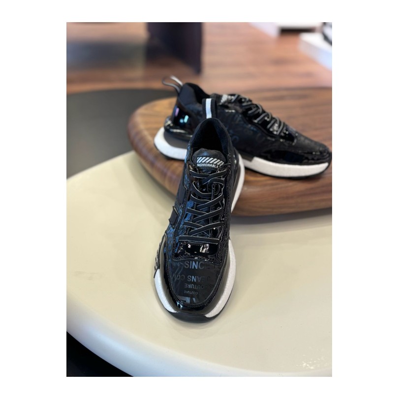 1091 Yazılı Paraşüt Siyah Hakiki Deri Erkek Sneakers