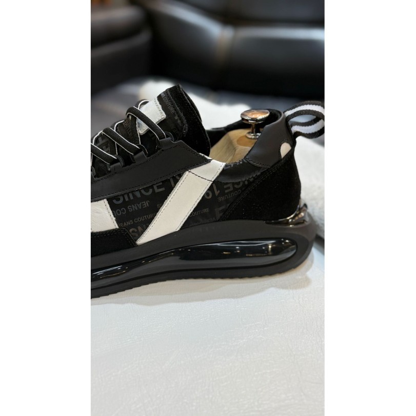 1104 Siyah Baskılı Hakiki Deri Erkek Sneakers