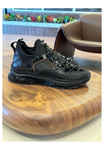 1108 Siyah Rugan Detaylı Hakiki Deri Erkek Sneakers