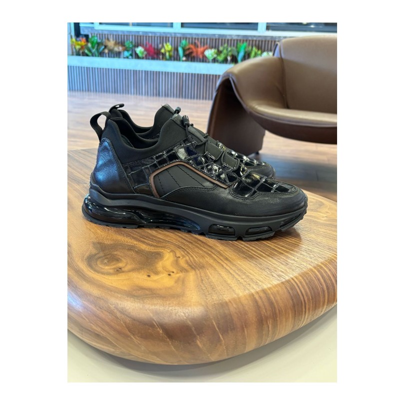 1108 Siyah Rugan Detaylı Hakiki Deri Erkek Sneakers