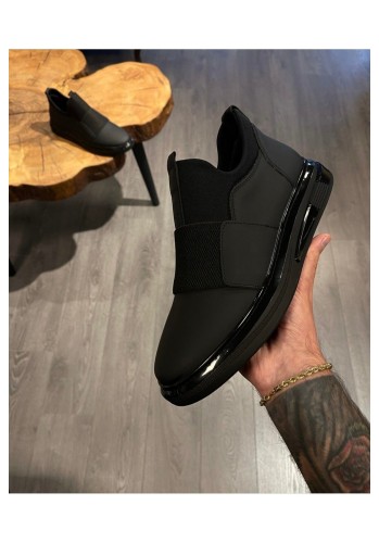 1067 Streçli Siyah Mat Hakiki Deri Erkek Sneakers