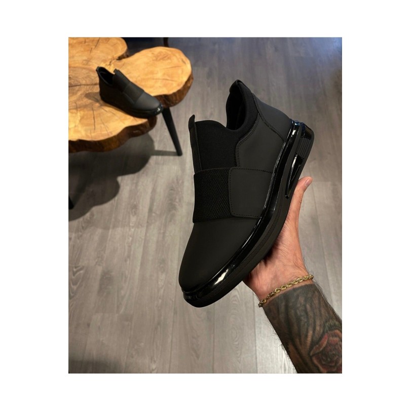 1067 Streçli Siyah Mat Hakiki Deri Erkek Sneakers