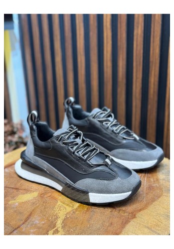 1094 Siyah Füme Hakiki Deri Erkek Sneakers