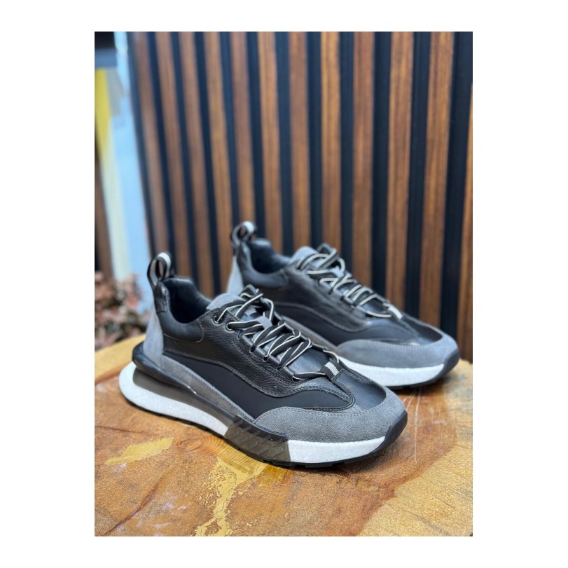 1094 Siyah Füme Hakiki Deri Erkek Sneakers
