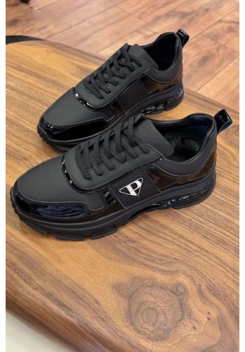 2027 Siyah Hakiki Deri Erkek Sneakers