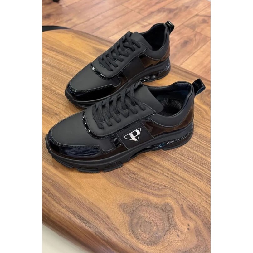 2027 Siyah Hakiki Deri Erkek Sneakers